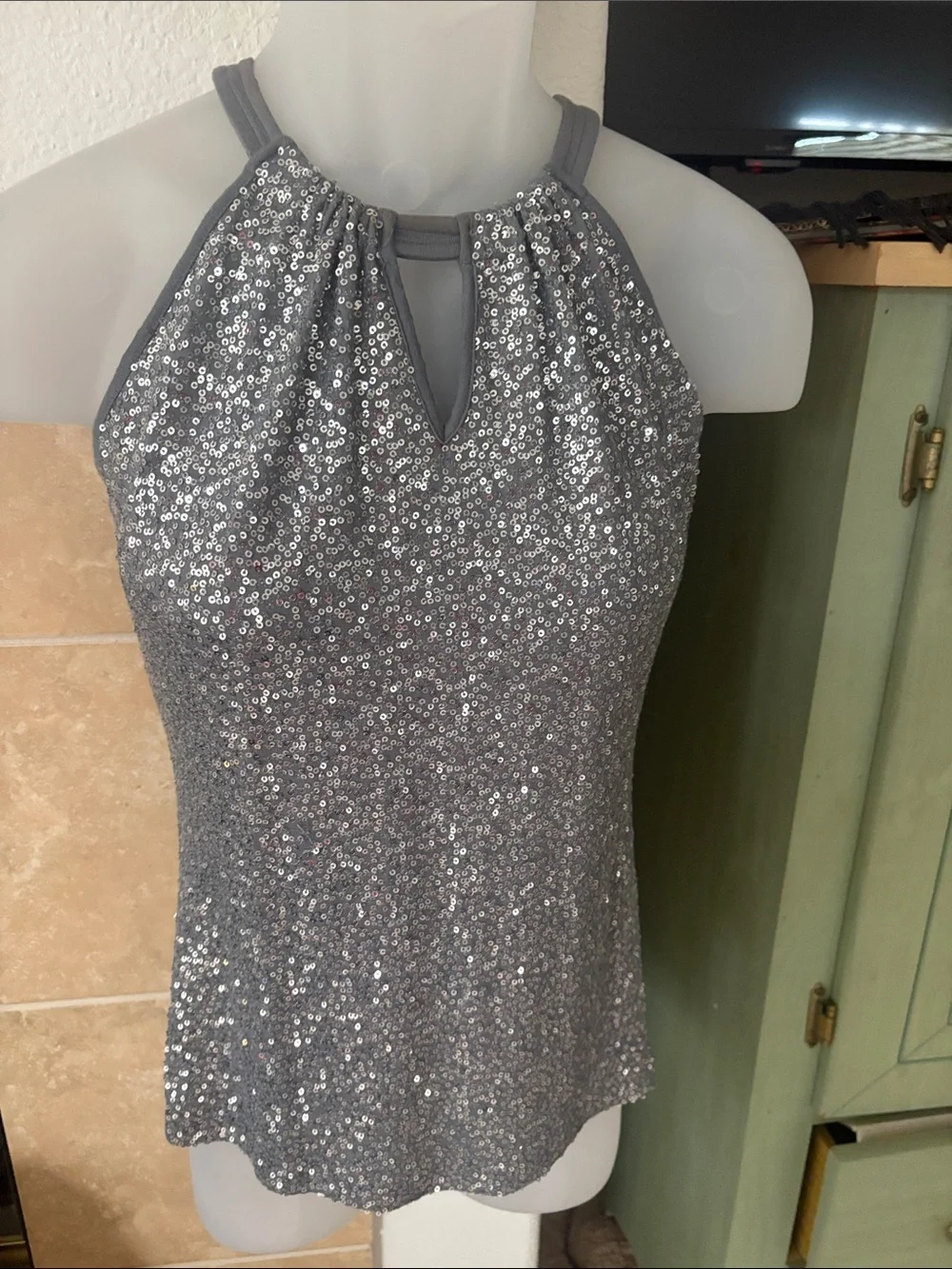 INC International Concepts Silver Sequin Halter Tank Top - Picture 1 of 5